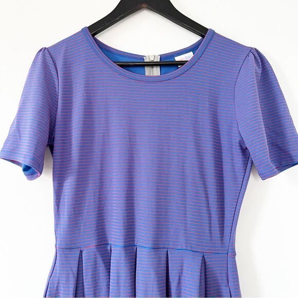 LulaRoe Amelia Red Blue Shimmer Stripe Short Sleeve Fit & Flair Dress - Picture 4 of 12